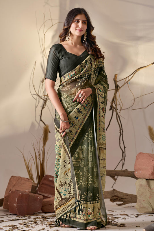 Women's Premium Linen Silk Olive Green Warli Printed Saree with Tribal Art Border & Designer Pallu