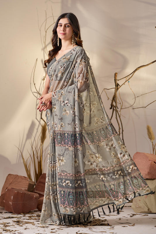 Women's Premium Linen Silk Grey Floral Printed Saree with Designer Border & Elegant Pallu