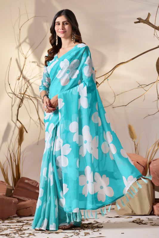 Women's Premium Linen Silk Aqua Blue Floral Printed Saree with Oversized White Flower Print