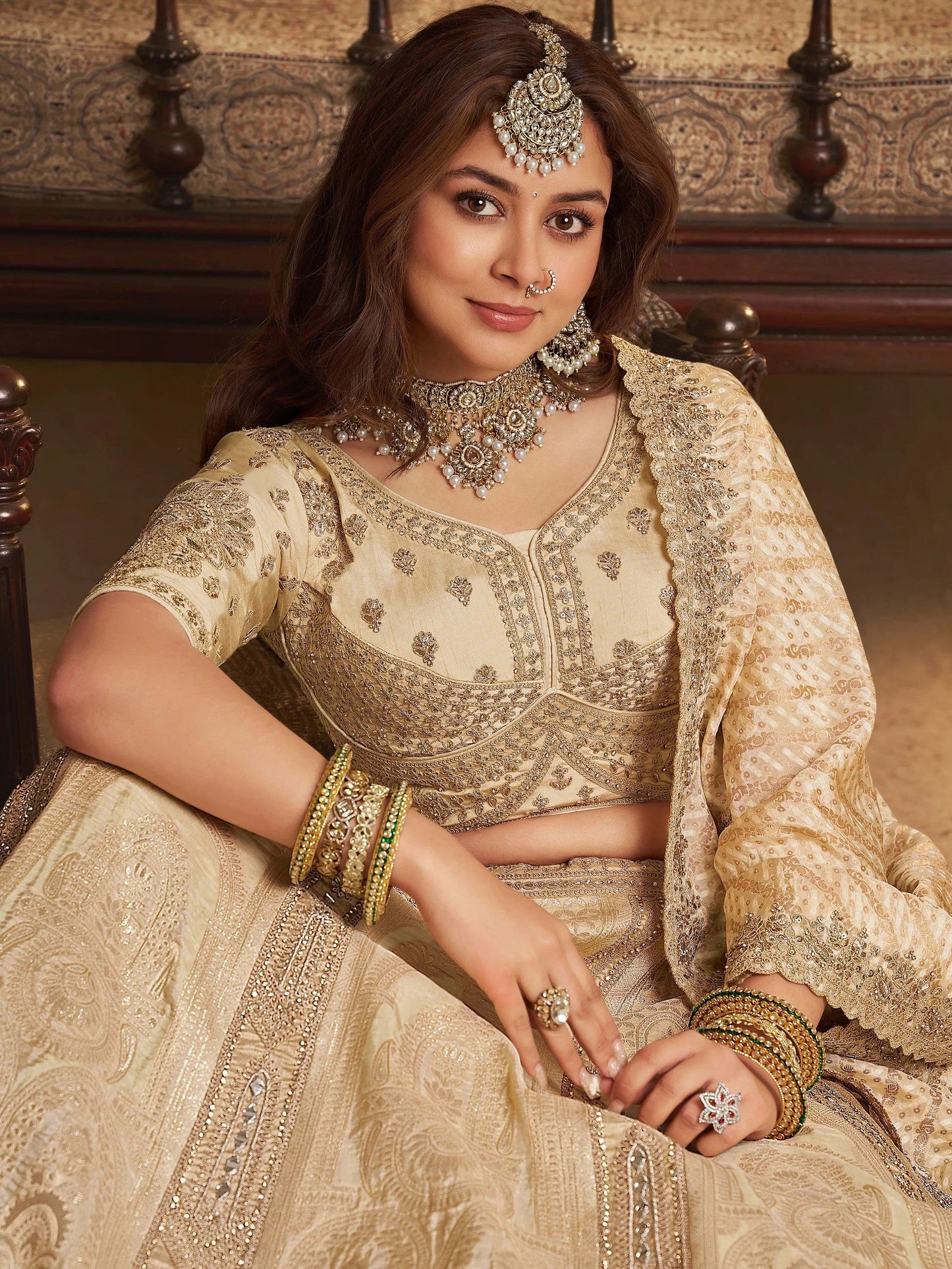 Notable Beige Zari Weaving Banarasi Silk Wedding Wear Lehenga Choli
