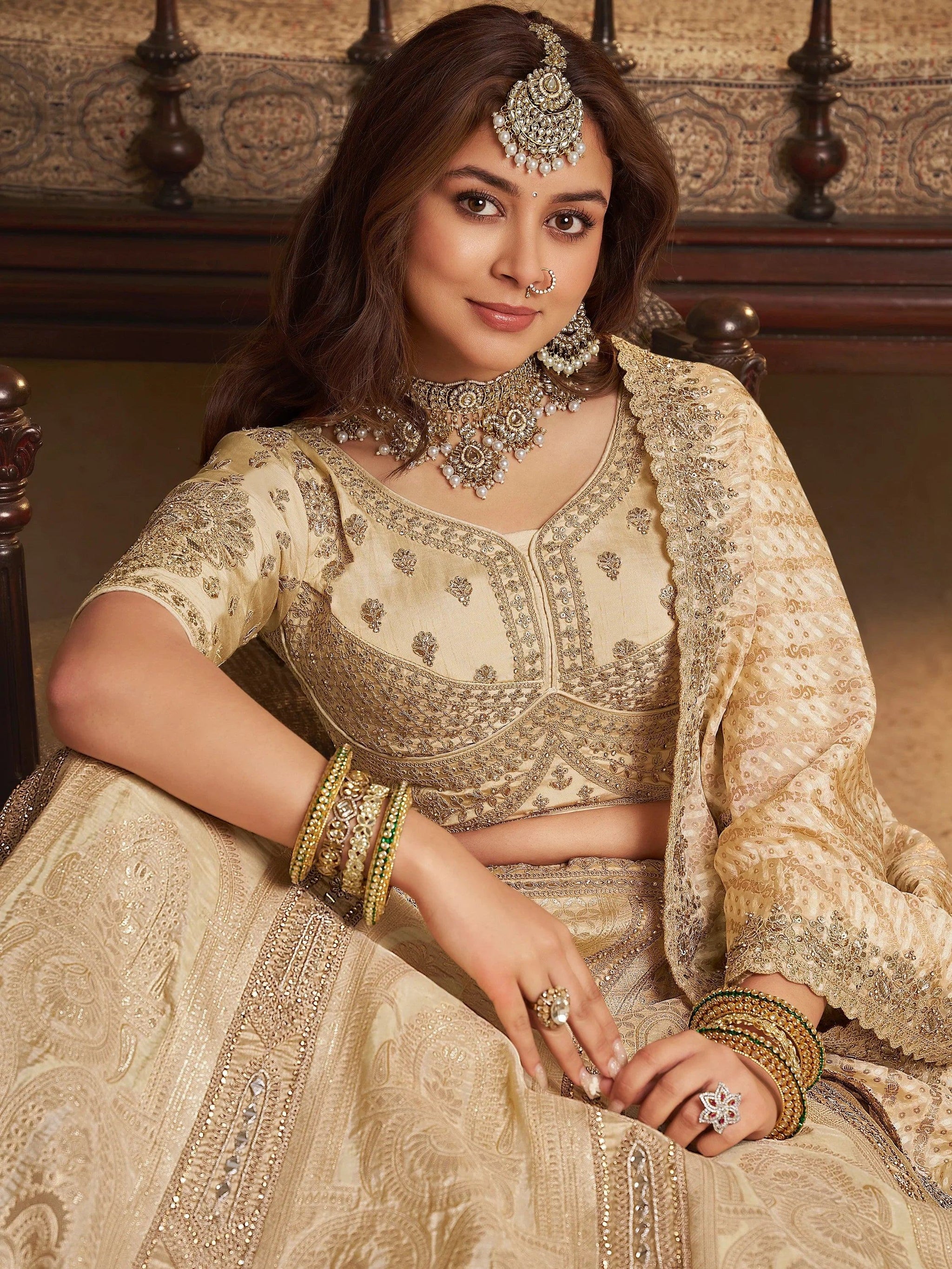Notable Beige Zari Weaving Banarasi Silk Wedding Wear Lehenga Choli