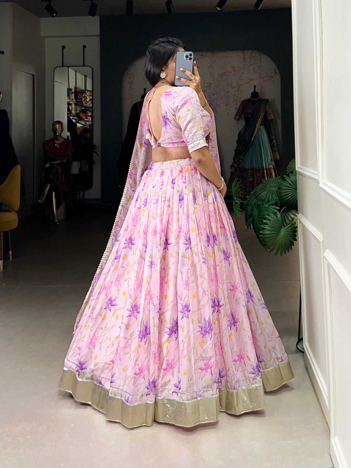 Baby pink tabby silk floral print lehenga choli with lace border
