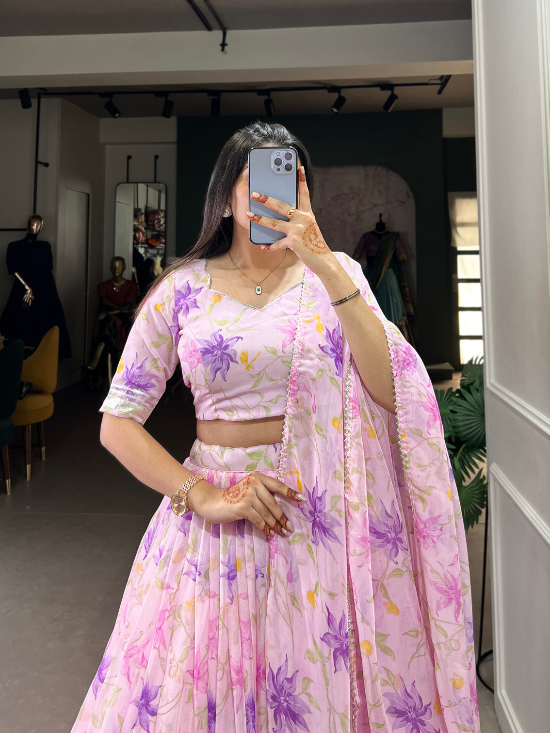 Baby pink tabby silk floral print lehenga choli with lace border