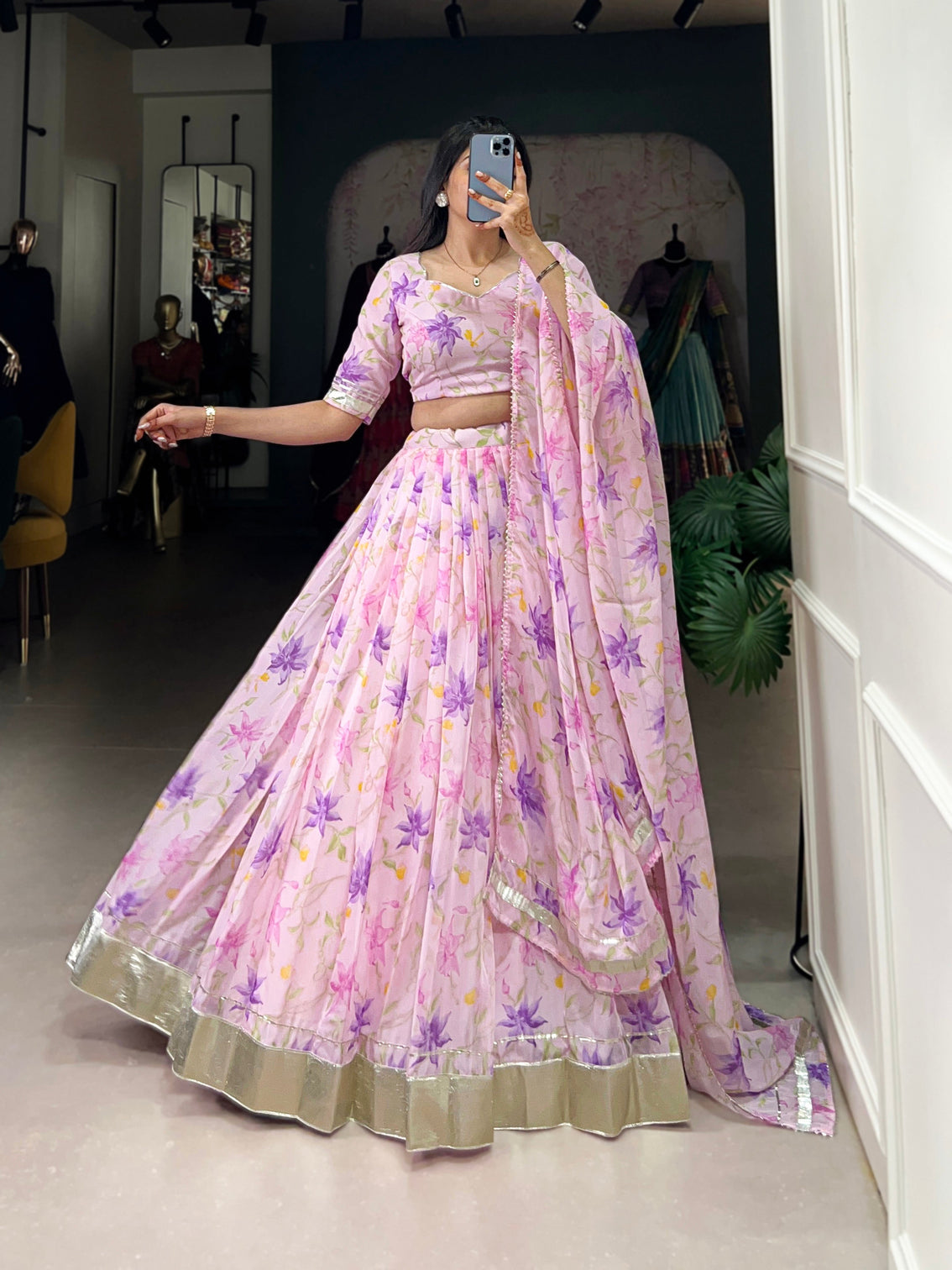 Baby pink tabby silk floral print lehenga choli with lace border