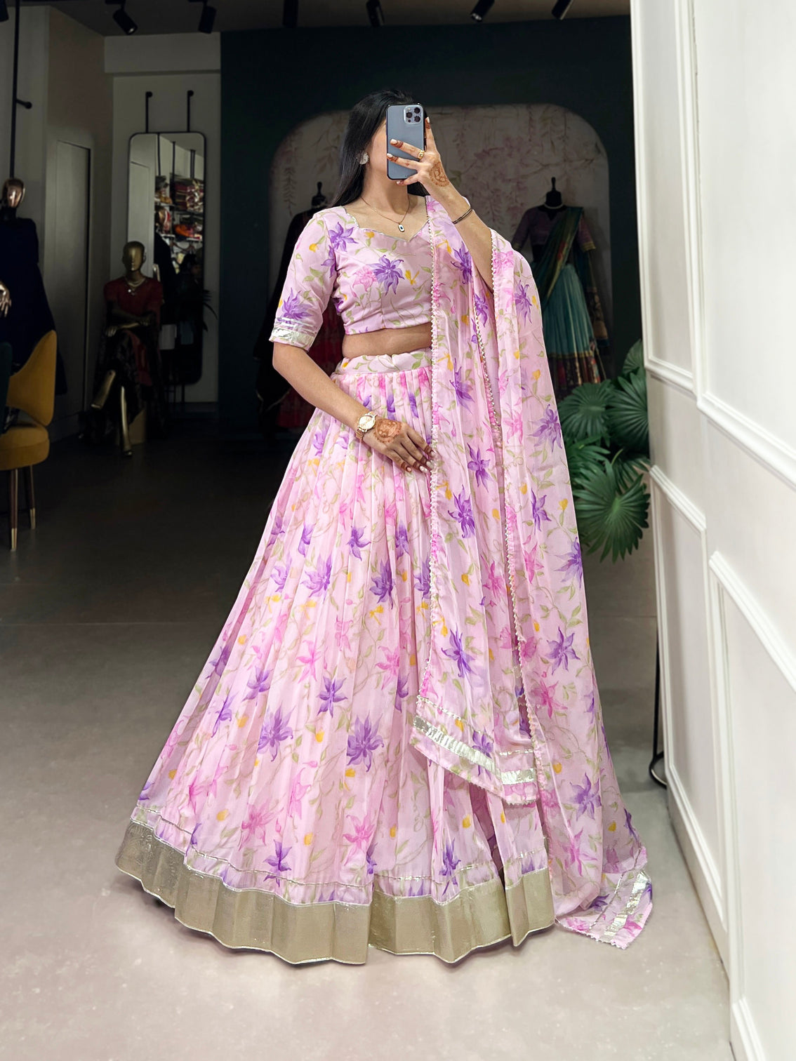 Baby pink tabby silk floral print lehenga choli with lace border