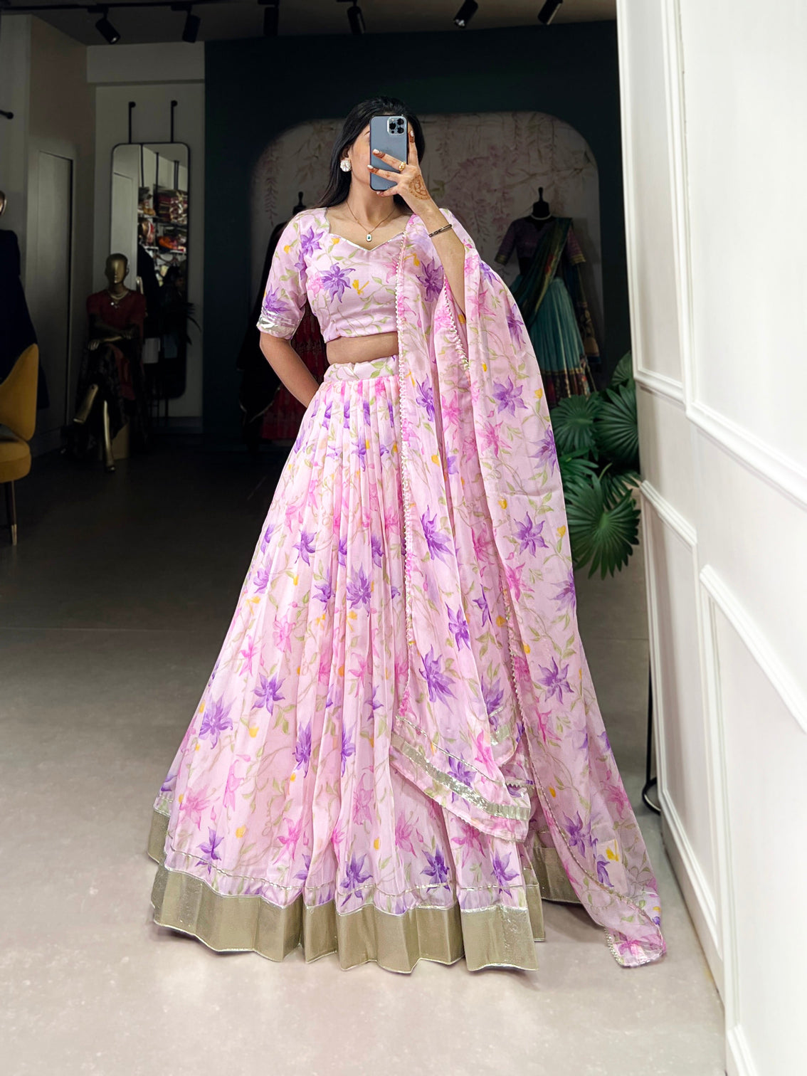 Baby pink tabby silk floral print lehenga choli with lace border