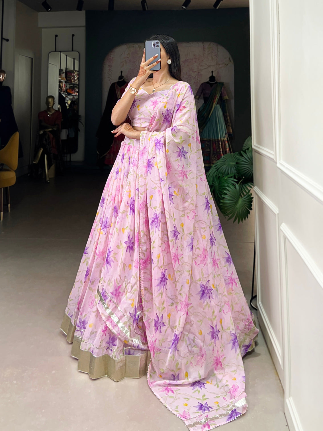 Baby pink tabby silk floral print lehenga choli with lace border