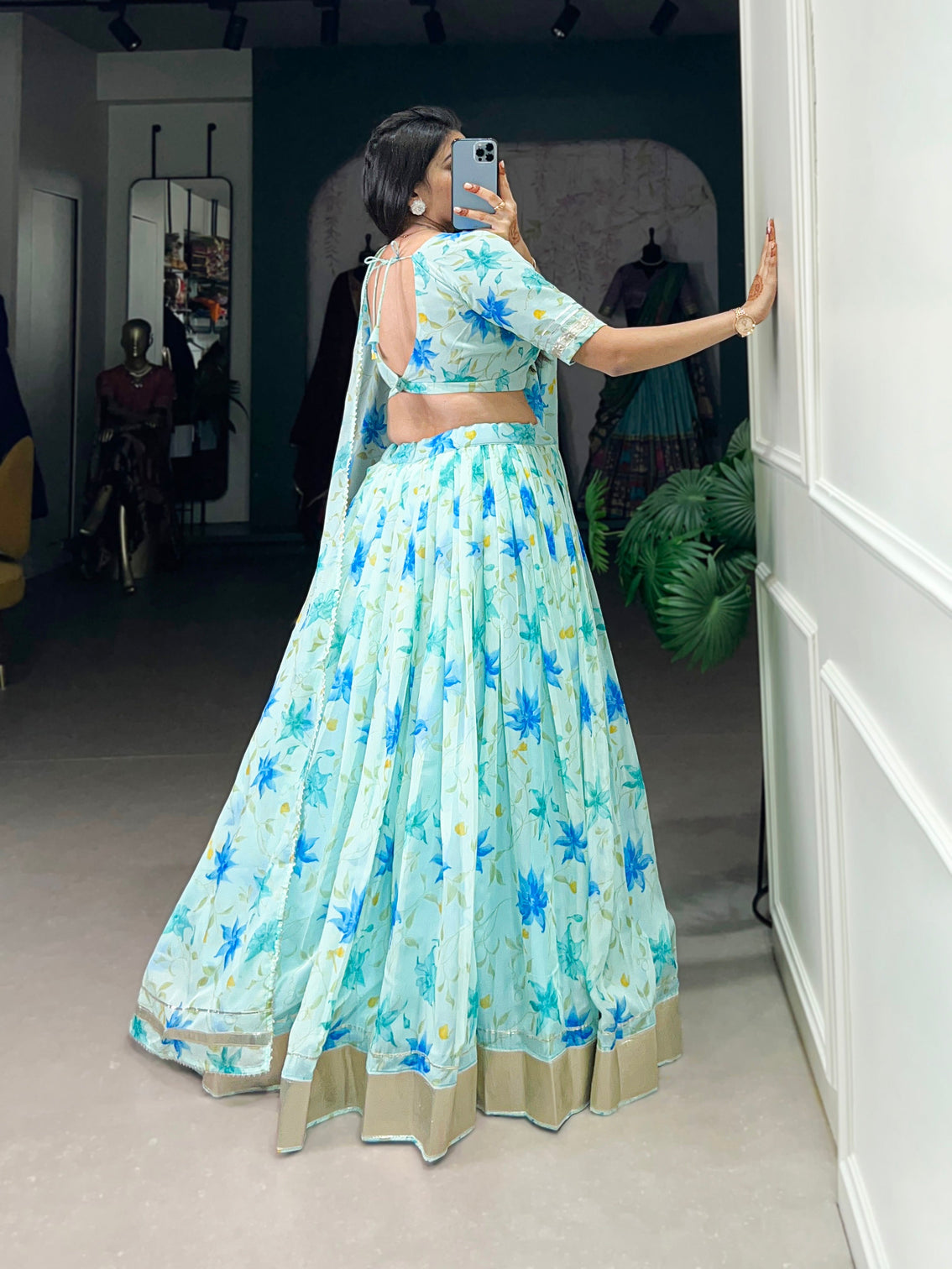 Pista green tabby silk lehenga choli with floral print lace border dupatta