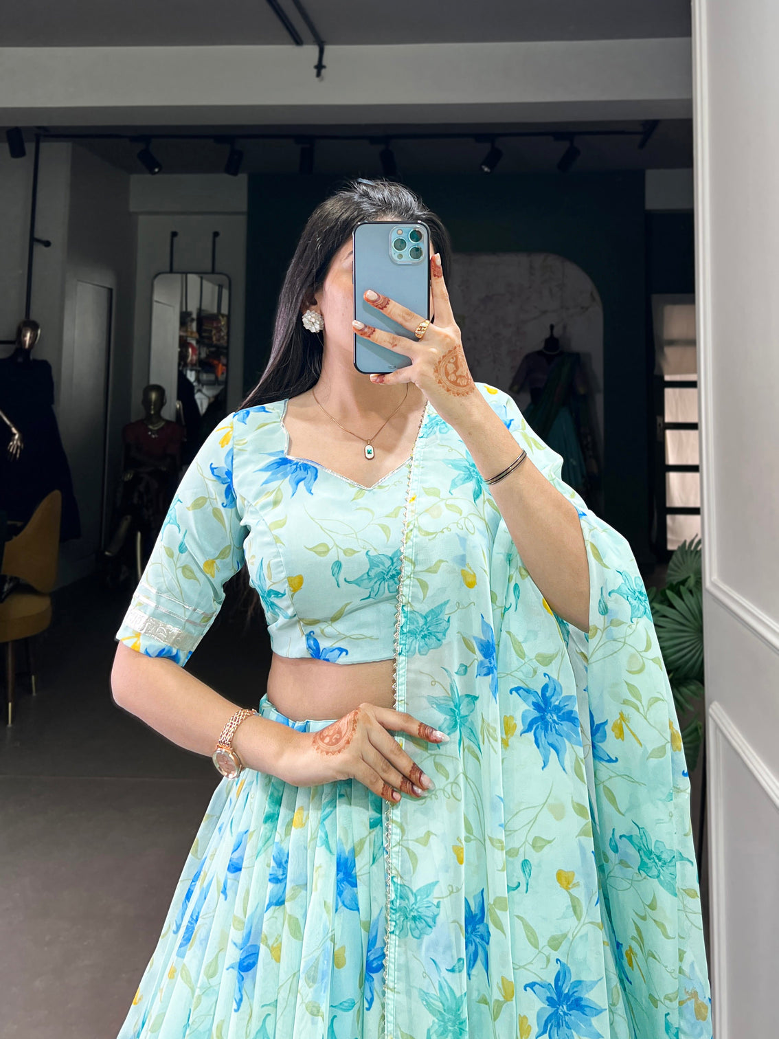 Pista green tabby silk lehenga choli with floral print lace border dupatta