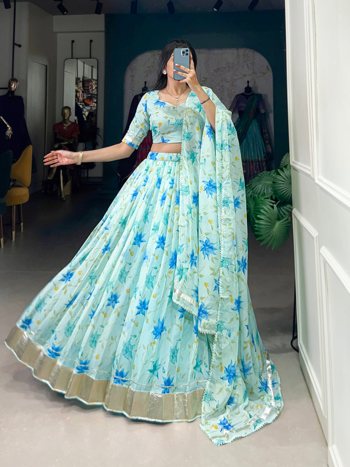 Pista green tabby silk lehenga choli with floral print lace border dupatta