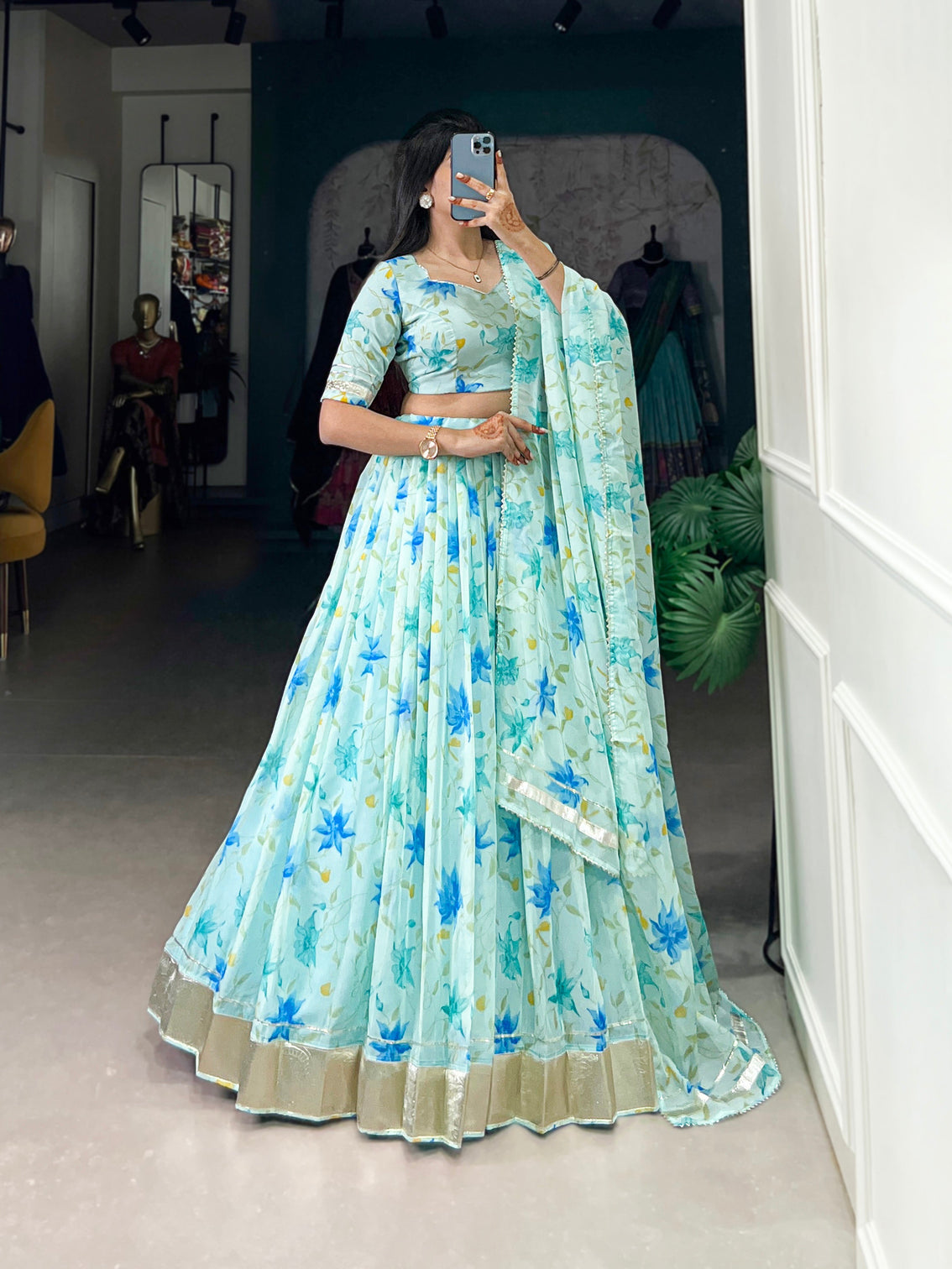Pista green tabby silk lehenga choli with floral print lace border dupatta