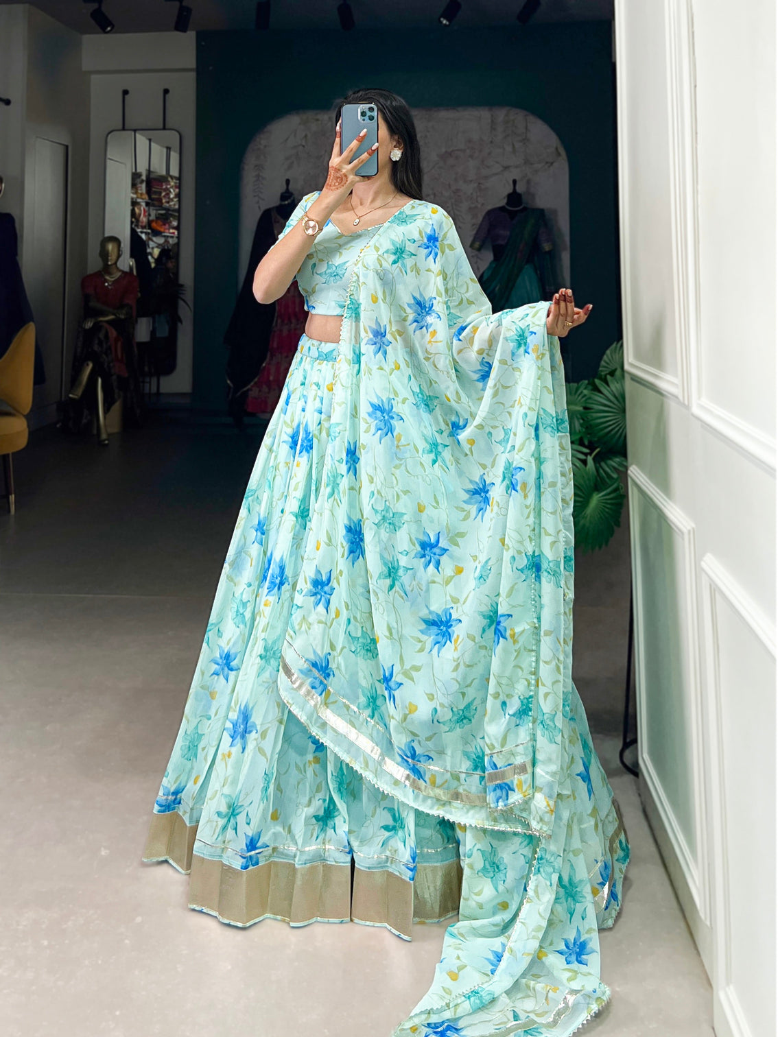 Pista green tabby silk lehenga choli with floral print lace border dupatta