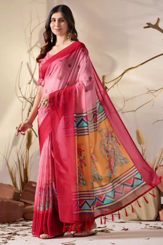 Women's Premium Linen Silk Pink Floral Printed Saree with Dark Pink Border & Designer Pallu