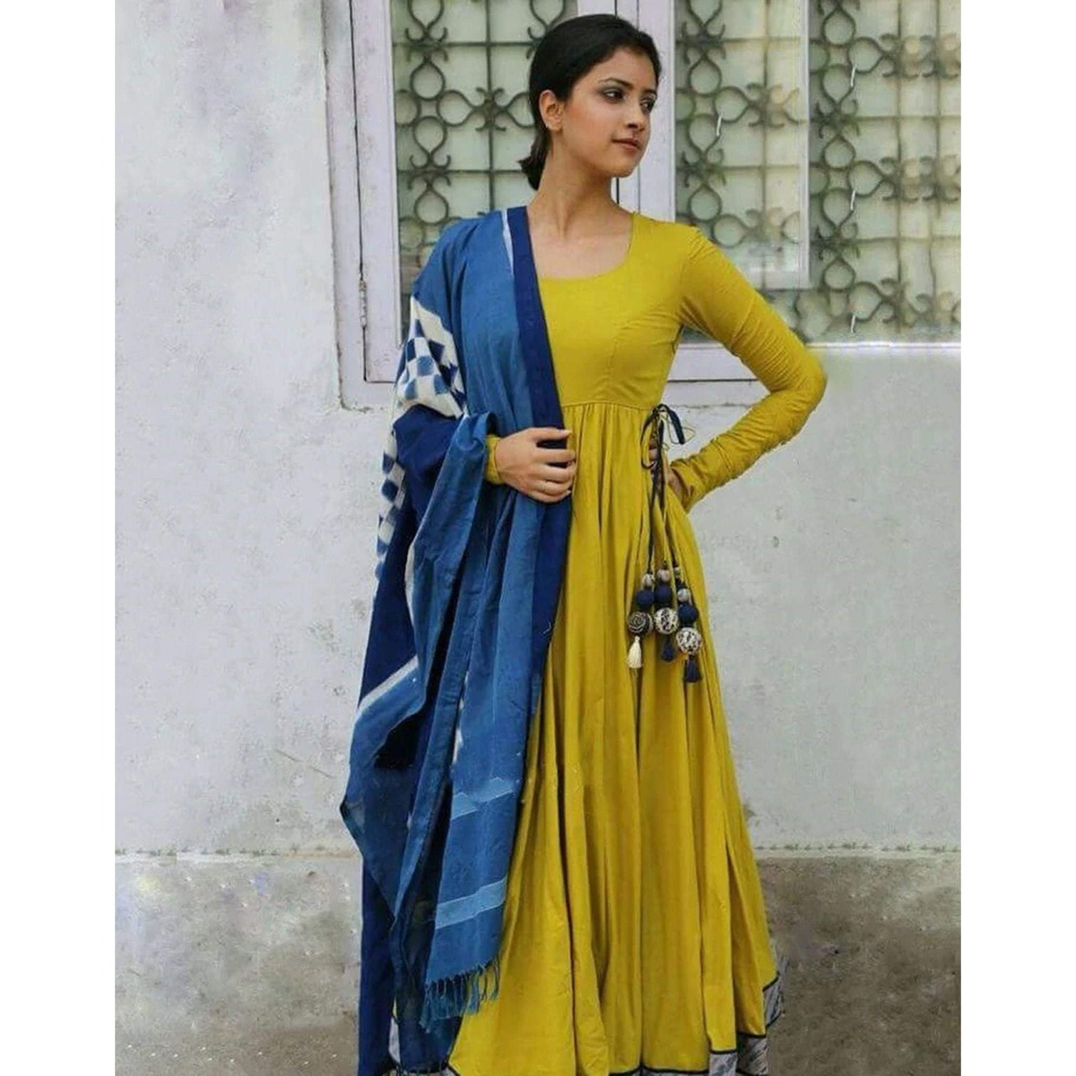 Mehendi Green Anarkali Rayon Salwar Suit with Latkan and Dupatta