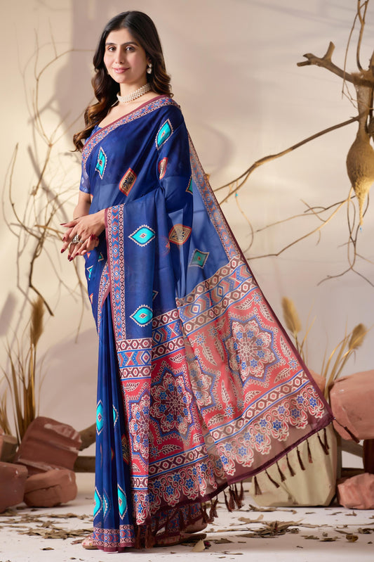 Women's Premium Royal Blue Linen Silk Printed Saree with Ethnic Border & Designer Pallu