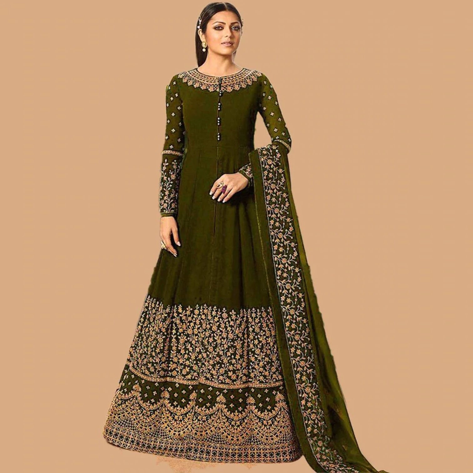 Mehendi Green Designer Georgetta Gown with Heavy Embroidery work