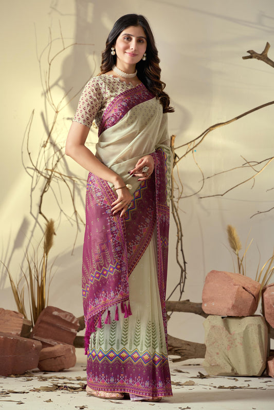Women's Off White Linen Silk Saree with Magenta Ethnic Border & Designer Woven Pallu