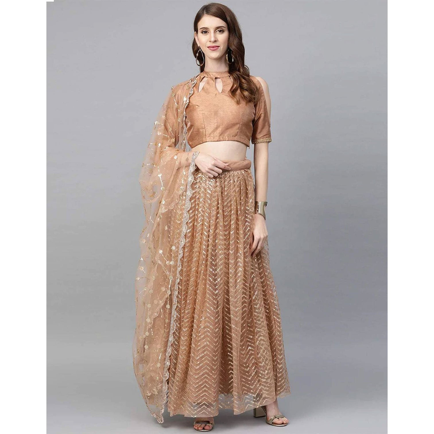 Peach color Net Lehenga with Heavy Embroidery, Zari and Thread work