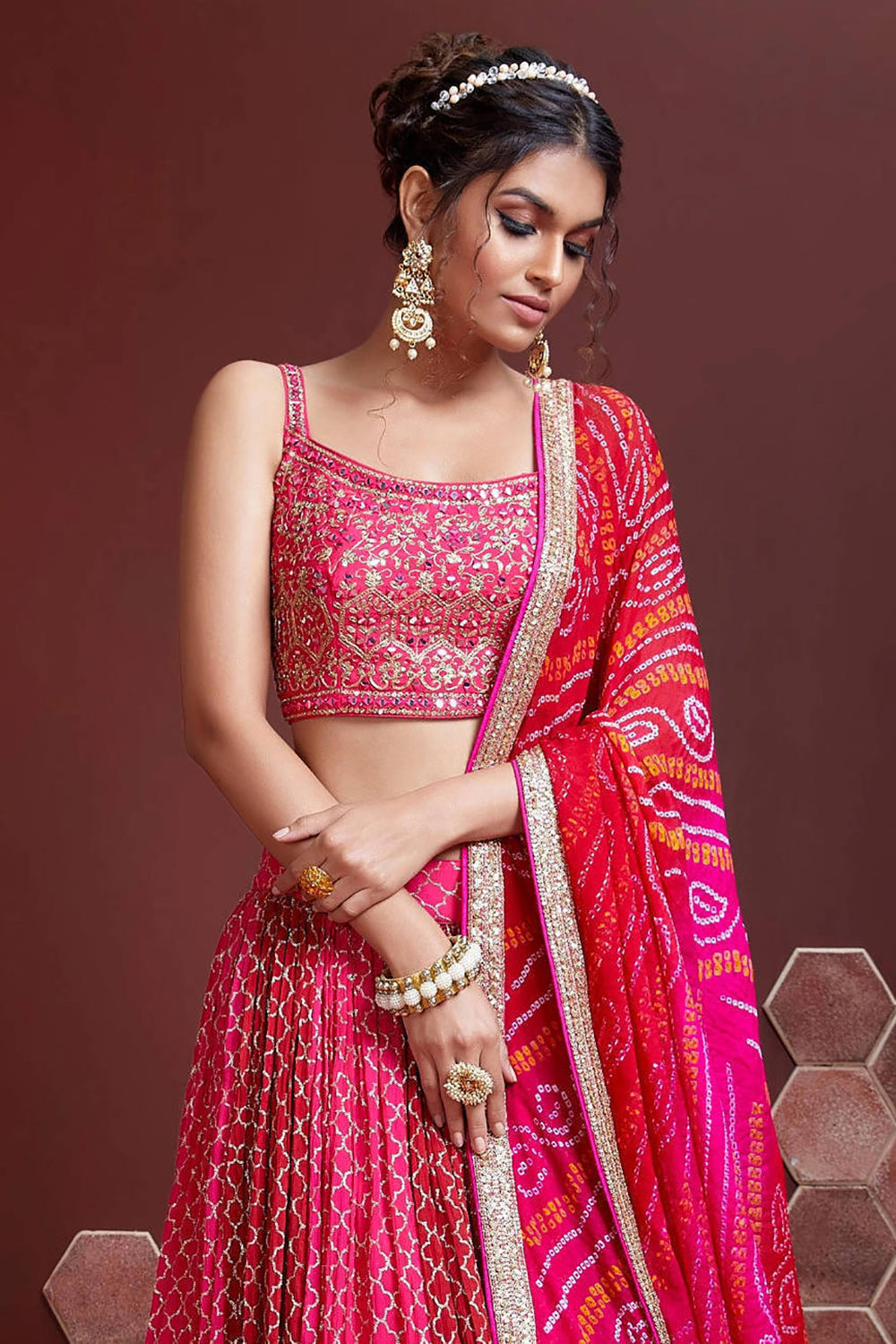 Great Pink Digital Print Chinnon Silk Engagement Wear Lehenga Choli