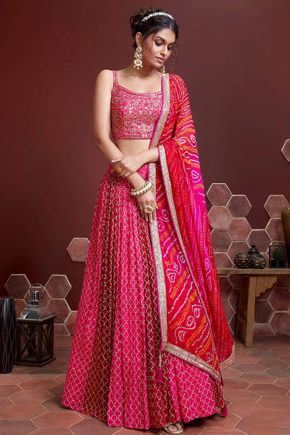 Great Pink Digital Print Chinnon Silk Engagement Wear Lehenga Choli