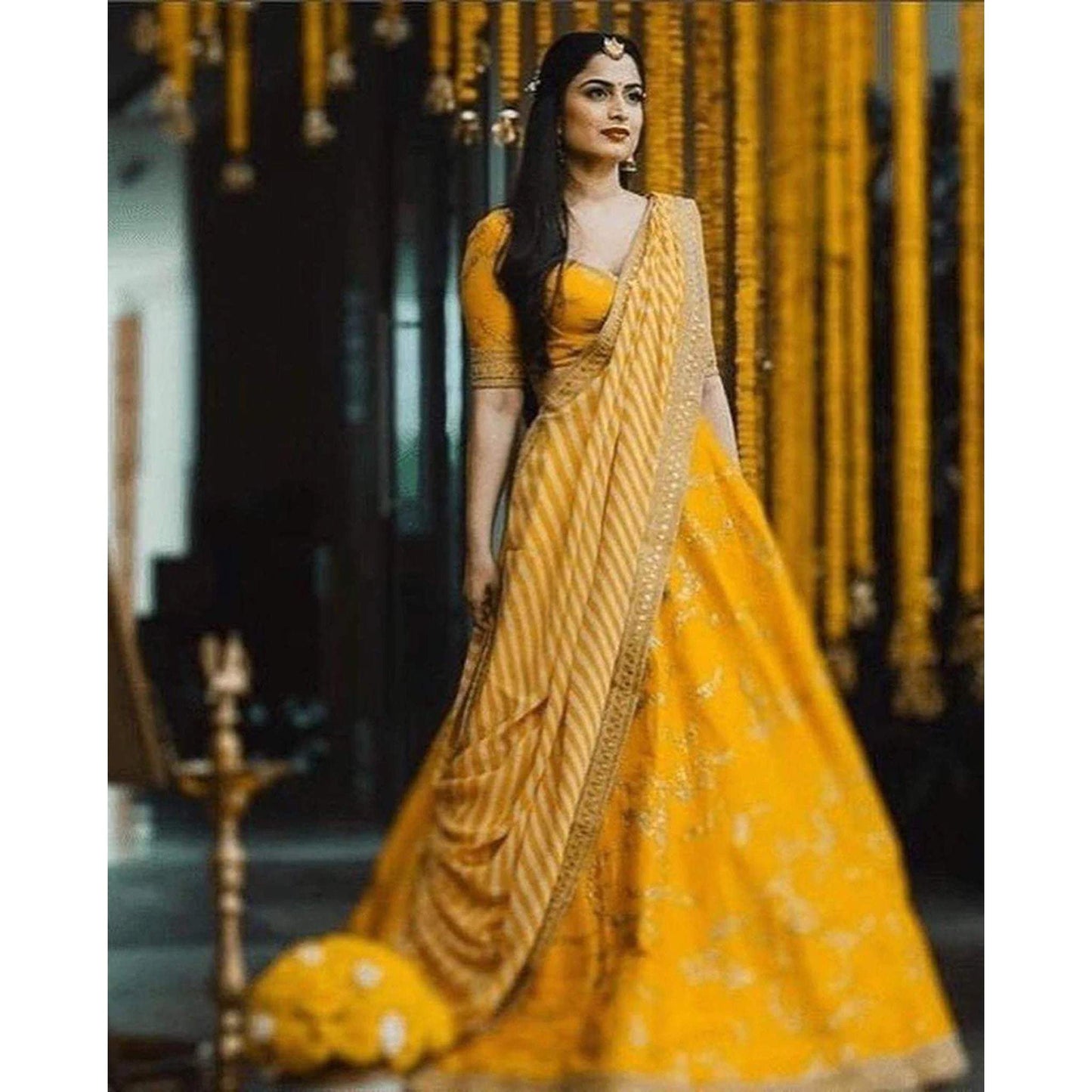 Mustard Yellow Bangalore Silk Lehenga Choli with Heavy Embroidery Work