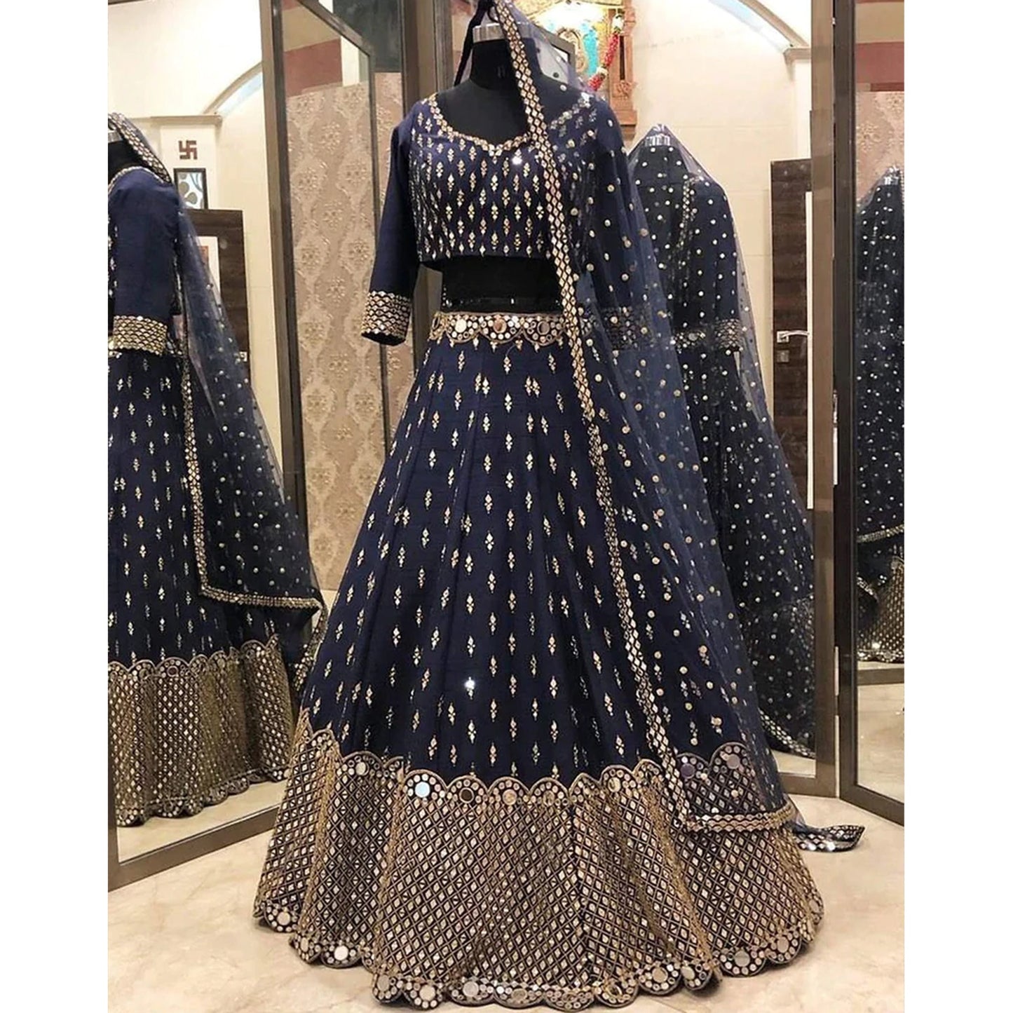 Navy Blue Color Lehenga Choli with Foil Mirror and Embroidery Zari work