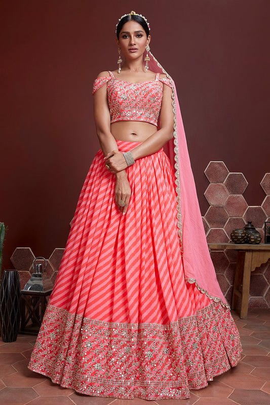 Fantastic Peach Sequins Embordered Organza Silk Engagement Wear Lehenga Choli