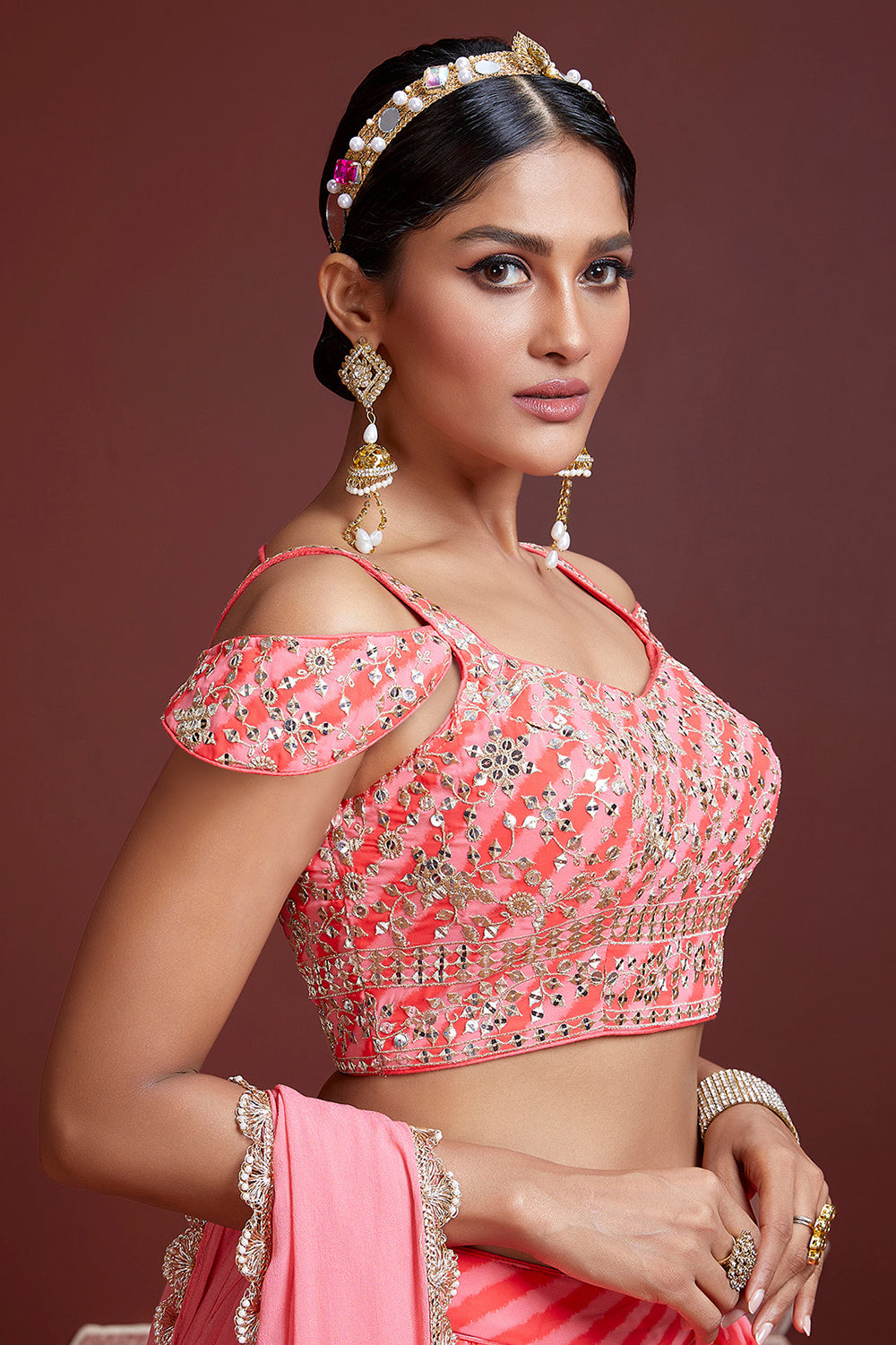 Fantastic Peach Sequins Embordered Organza Silk Engagement Wear Lehenga Choli