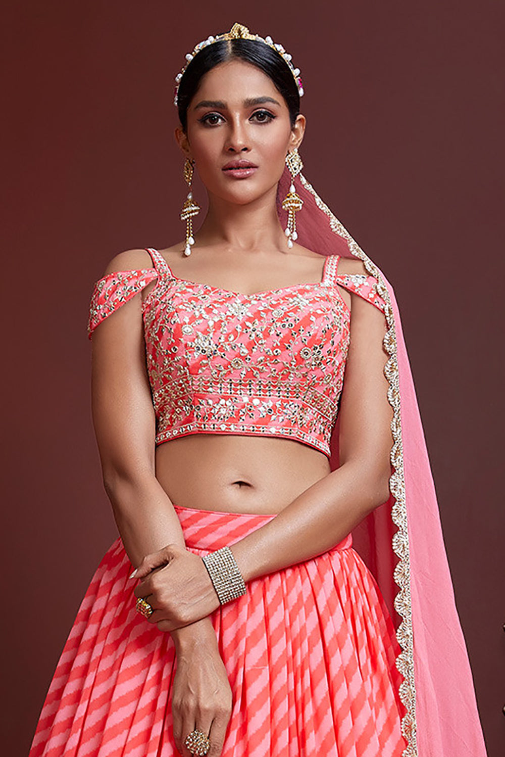 Fantastic Peach Sequins Embordered Organza Silk Engagement Wear Lehenga Choli