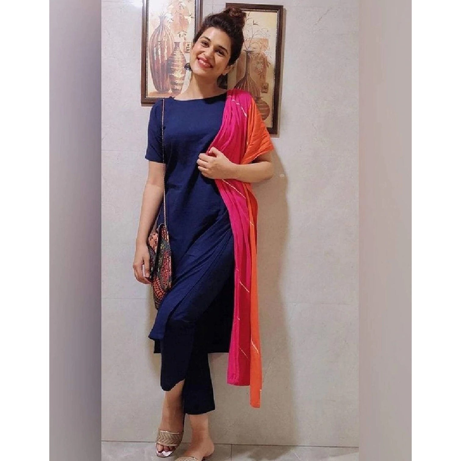 Navy Blue Color Maska Cotton Base Pant Style Salwar Suit with Georgette Dupatta