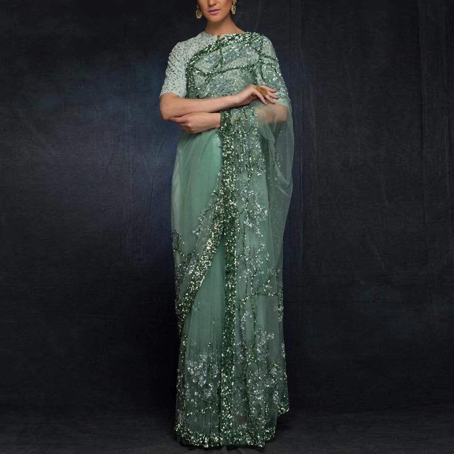 New Party Wear Sequence on Butterfly Net Saree and Printed Blouse