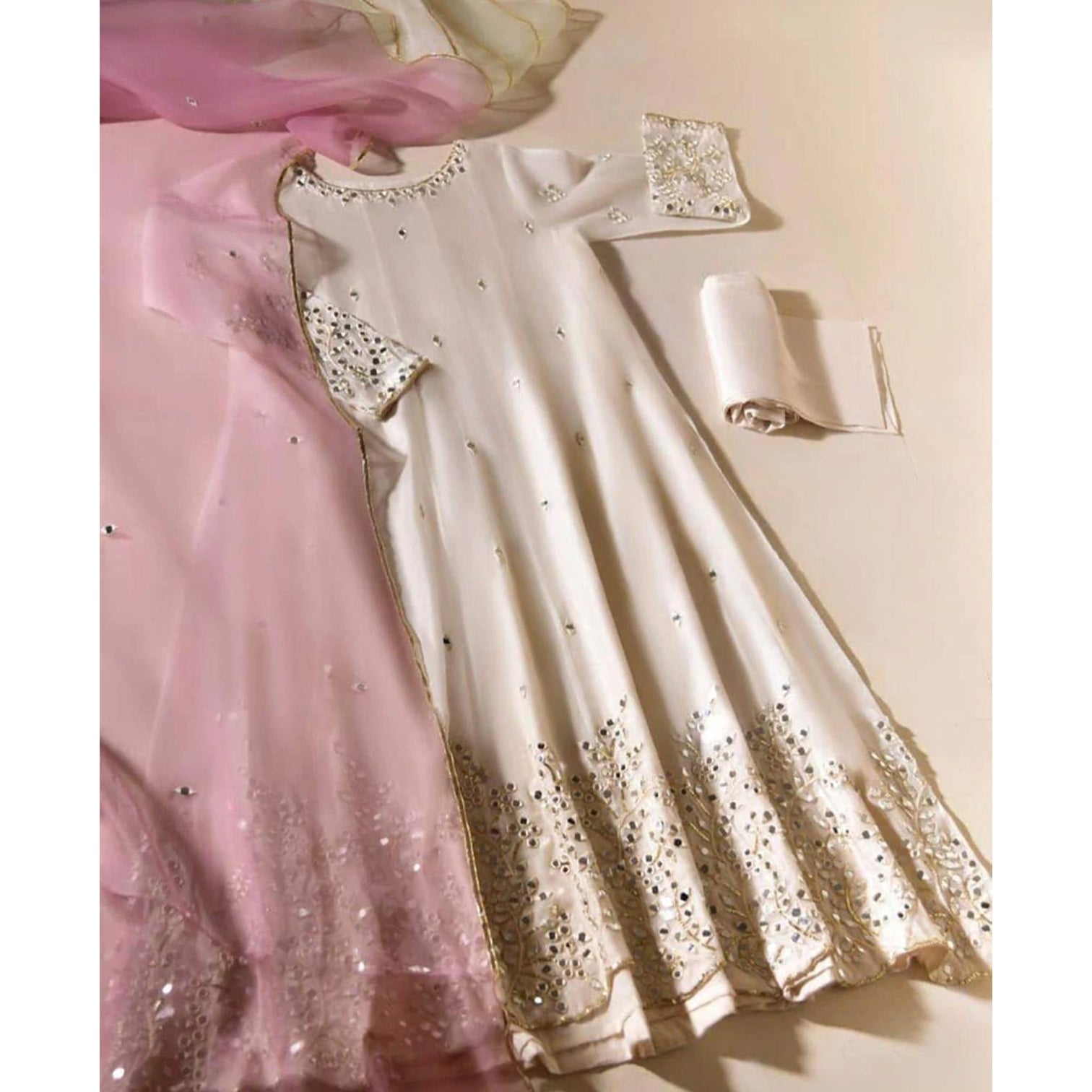 Off White Organza Salwar Suit with Mirror and Stonework