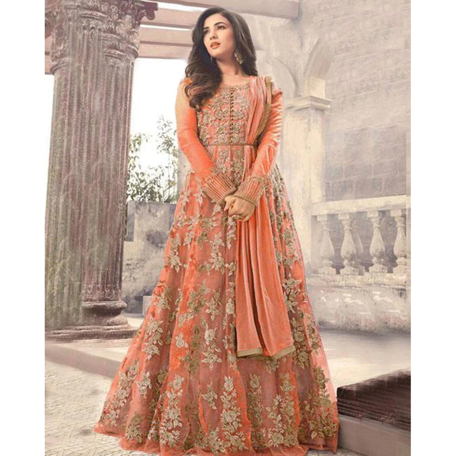 Orange Color Designer Gown with Heavy Embroidery and Stone Work