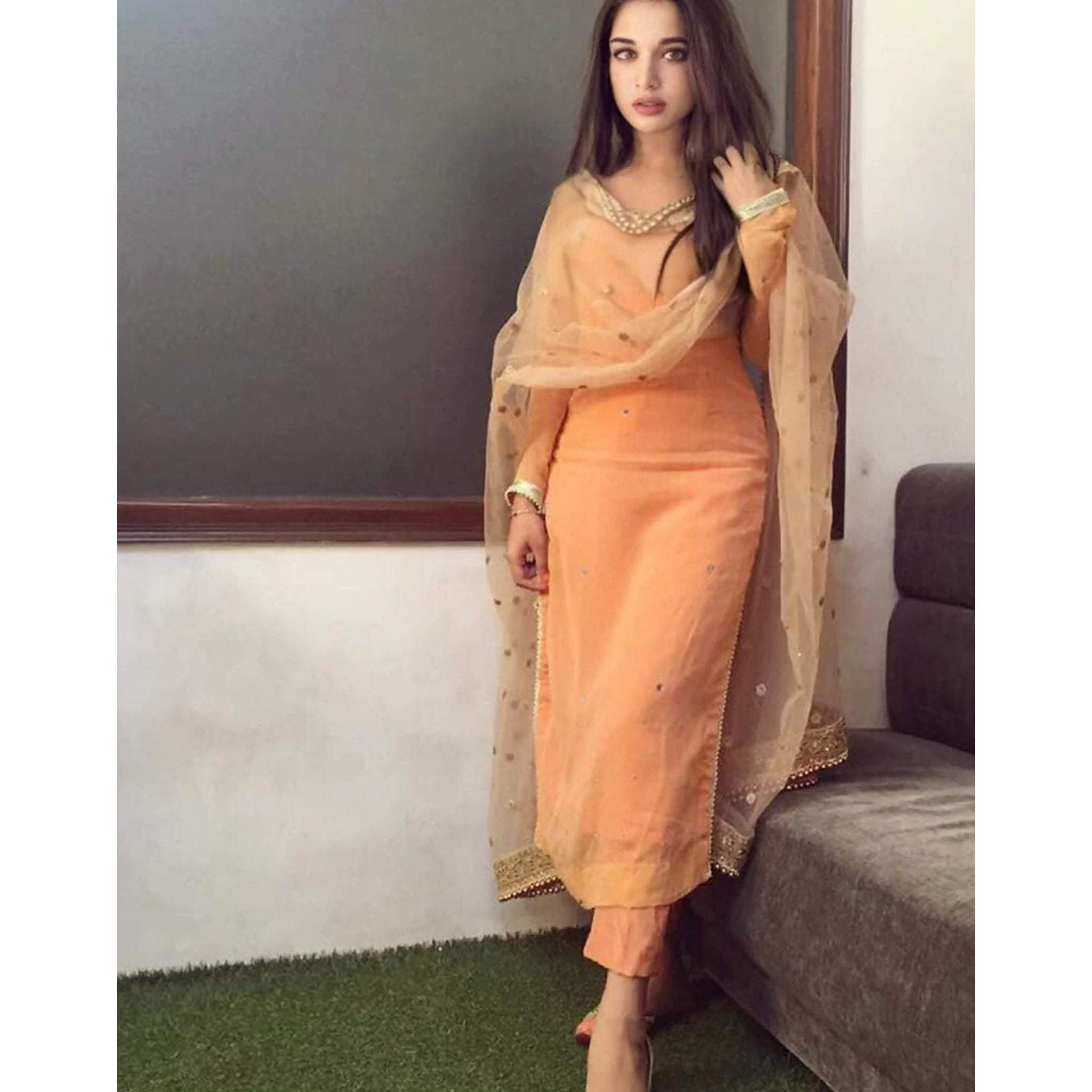 Orange Georgette Salwar Suit with Pearl Work Readymade Dupatta
