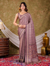 Dusty Mauve Pure Chinnon Ajrakh Printed Saree with Tassel Edges, Traditional Geometric Print & Matching Blouse Piece
