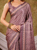 Dusty Mauve Pure Chinnon Ajrakh Printed Saree with Tassel Edges, Traditional Geometric Print & Matching Blouse Piece