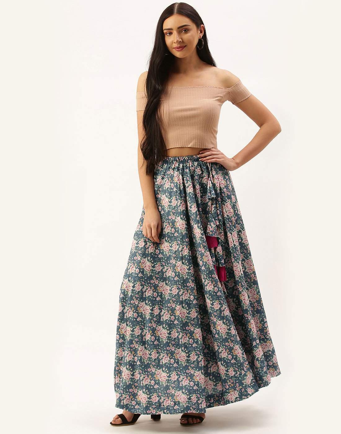Grey Color Rayon Cotton Skirt with Digital Flowers Print