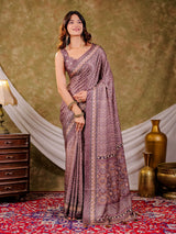 Dusty Mauve Pure Chinnon Ajrakh Printed Saree with Tassel Edges, Traditional Geometric Print & Matching Blouse Piece