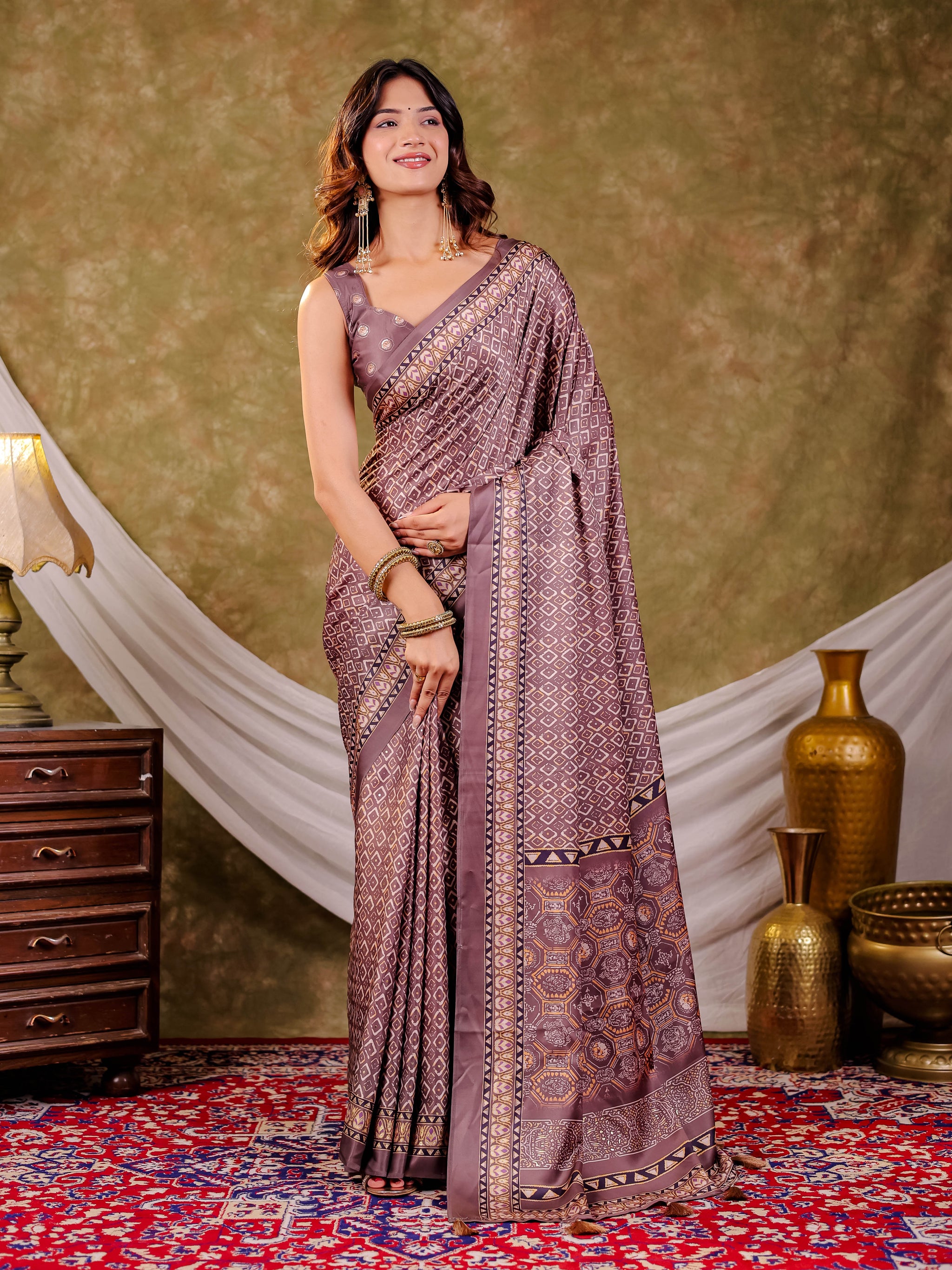Dusty Mauve Pure Chinnon Ajrakh Printed Saree with Tassel Edges, Traditional Geometric Print & Matching Blouse Piece