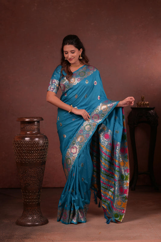 Sky Blue Banarasi Silk Saree with Multicolor Floral Zari Woven Border & Rich Designer Pallu