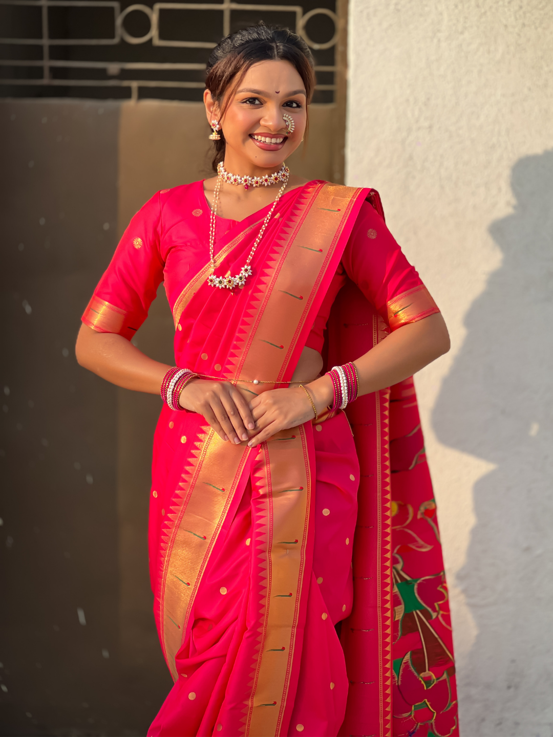 Pink Wedding Special Nauvari Paithani Soft Silk Saree with Zari Woven Polka Motifs and Peacock Pallu