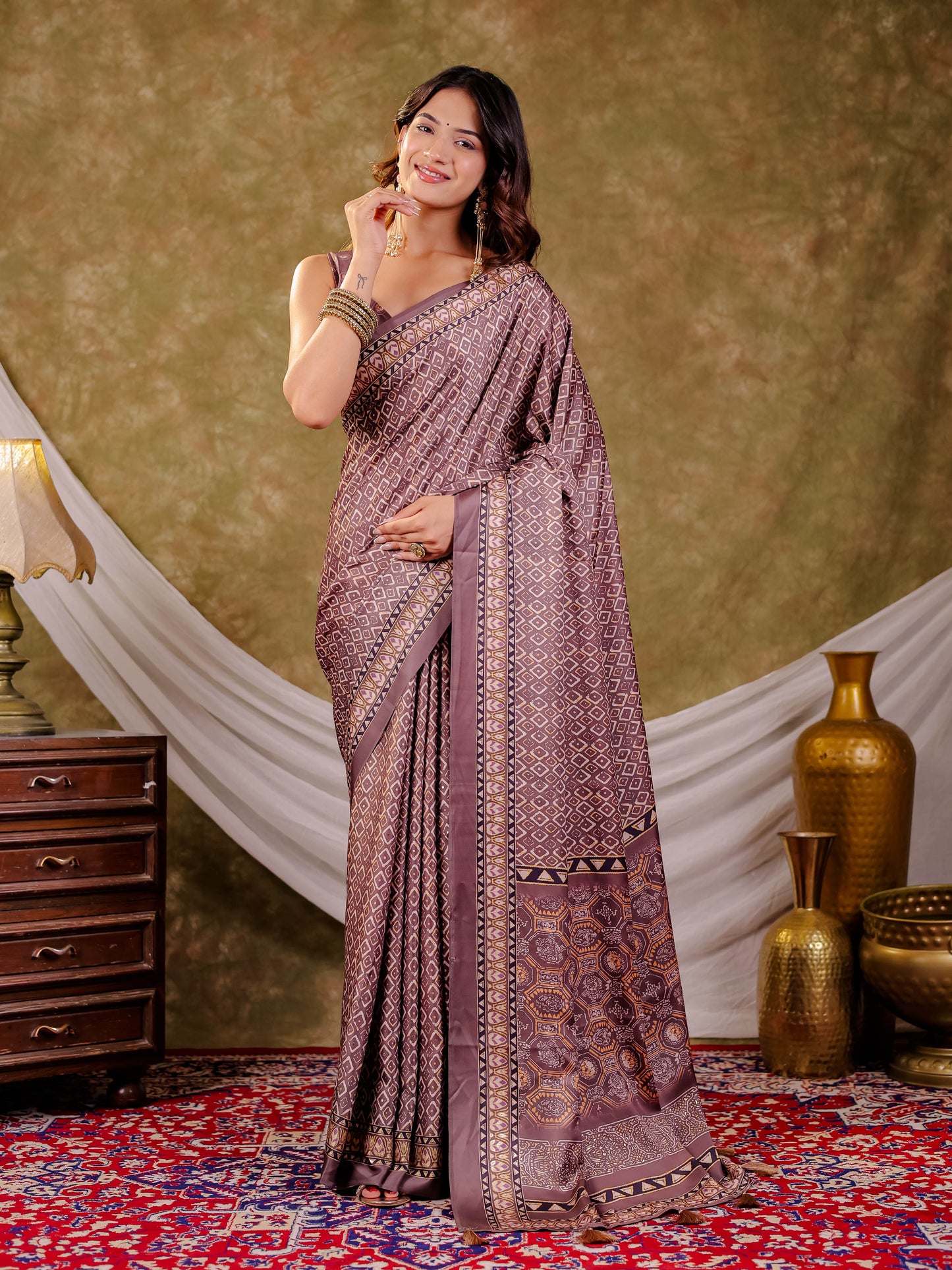 Dusty Mauve Pure Chinnon Ajrakh Printed Saree with Tassel Edges, Traditional Geometric Print & Matching Blouse Piece