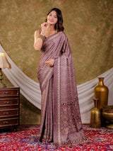 Dusty Mauve Pure Chinnon Ajrakh Printed Saree with Tassel Edges, Traditional Geometric Print & Matching Blouse Piece