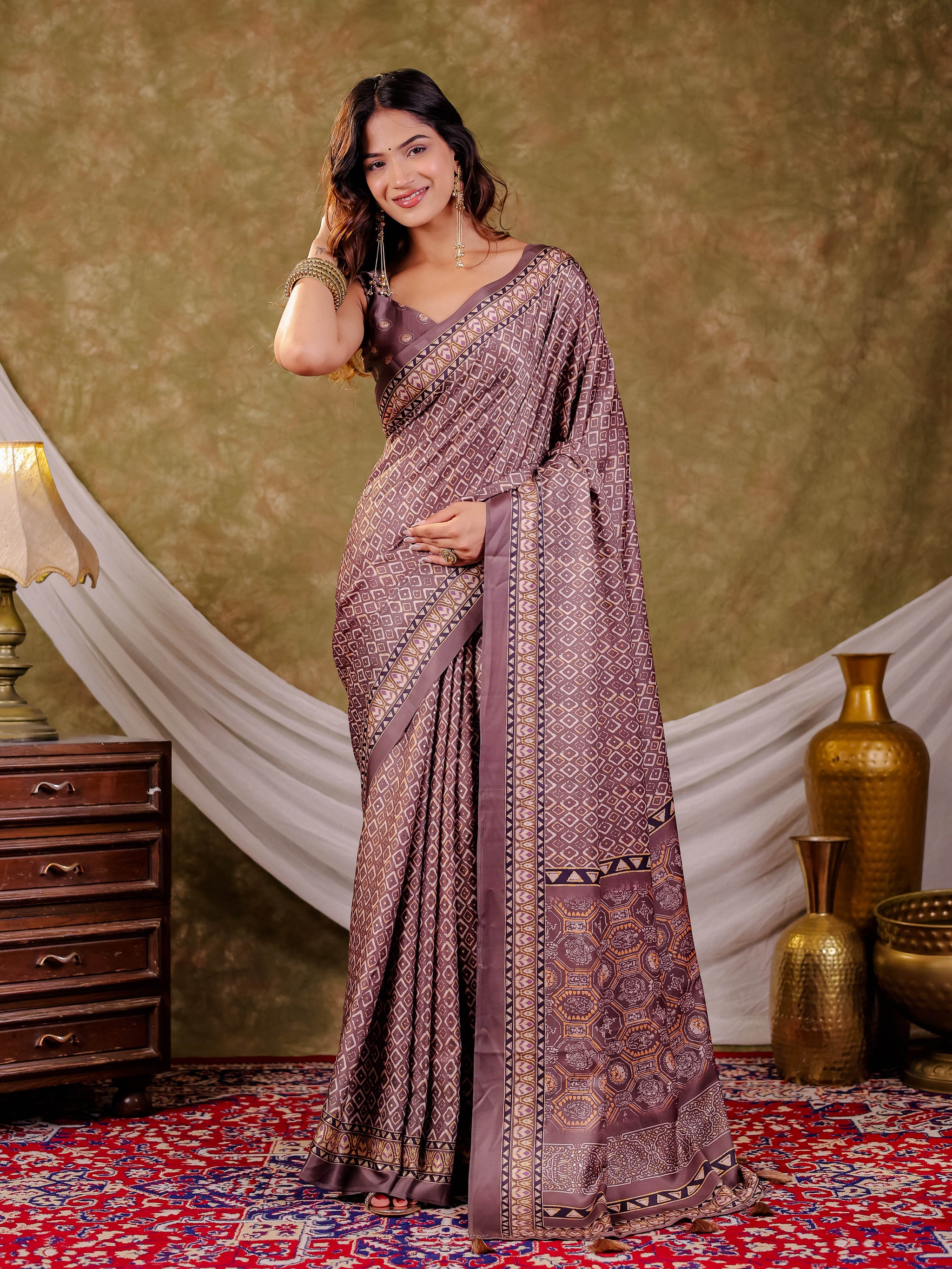 Dusty Mauve Pure Chinnon Ajrakh Printed Saree with Tassel Edges, Traditional Geometric Print & Matching Blouse Piece