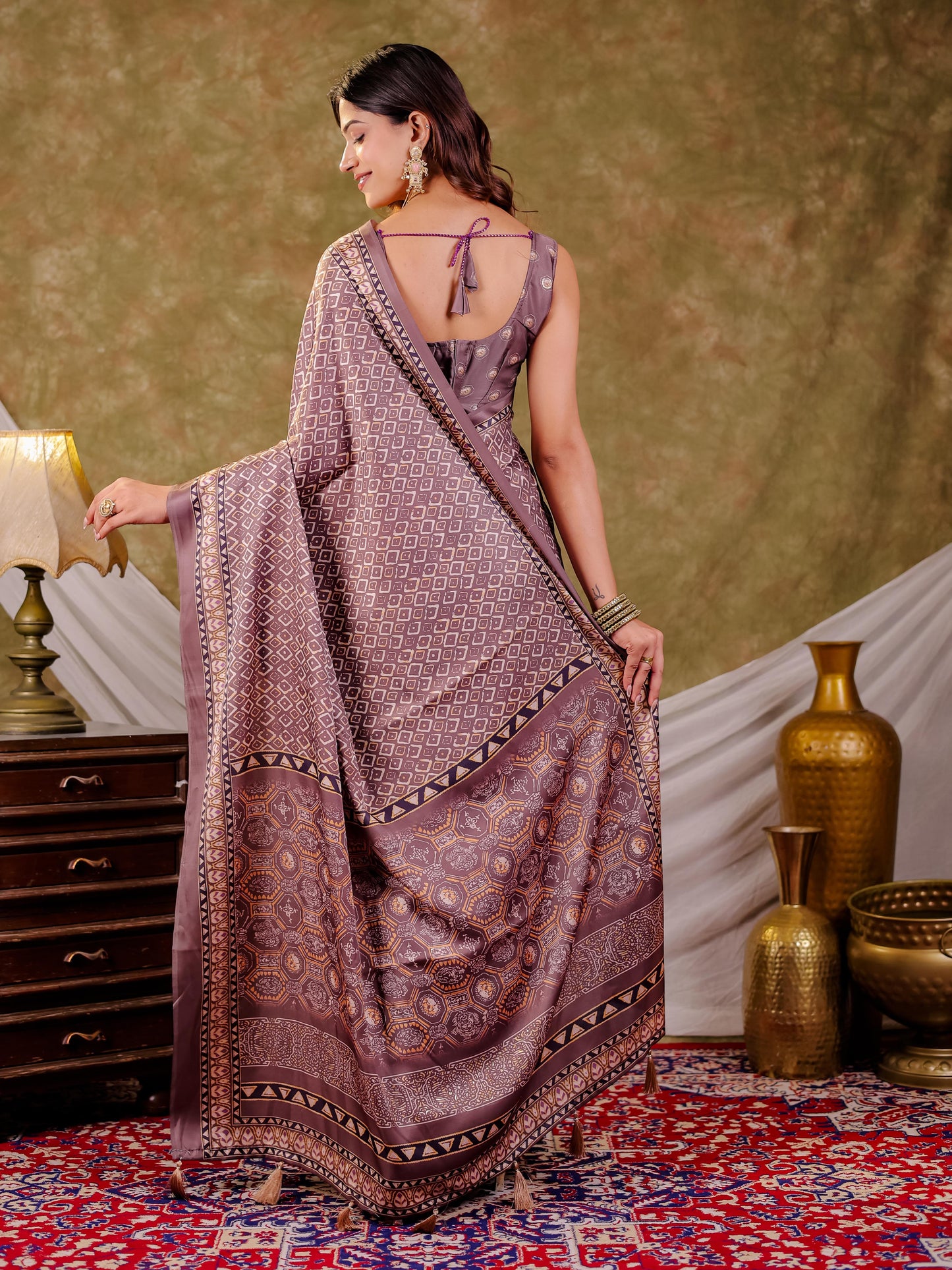 Dusty Mauve Pure Chinnon Ajrakh Printed Saree with Tassel Edges, Traditional Geometric Print & Matching Blouse Piece
