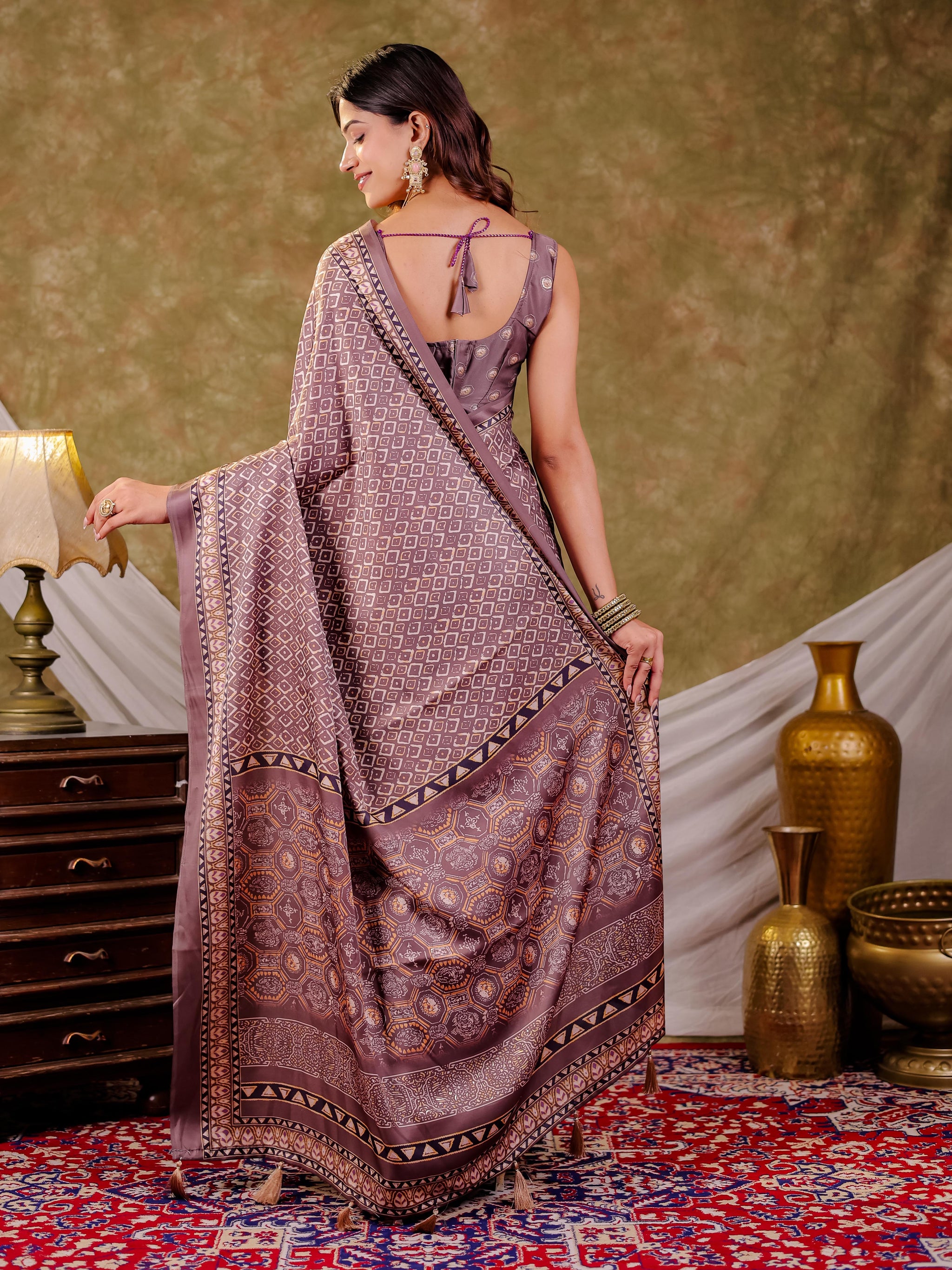 Dusty Mauve Pure Chinnon Ajrakh Printed Saree with Tassel Edges, Traditional Geometric Print & Matching Blouse Piece