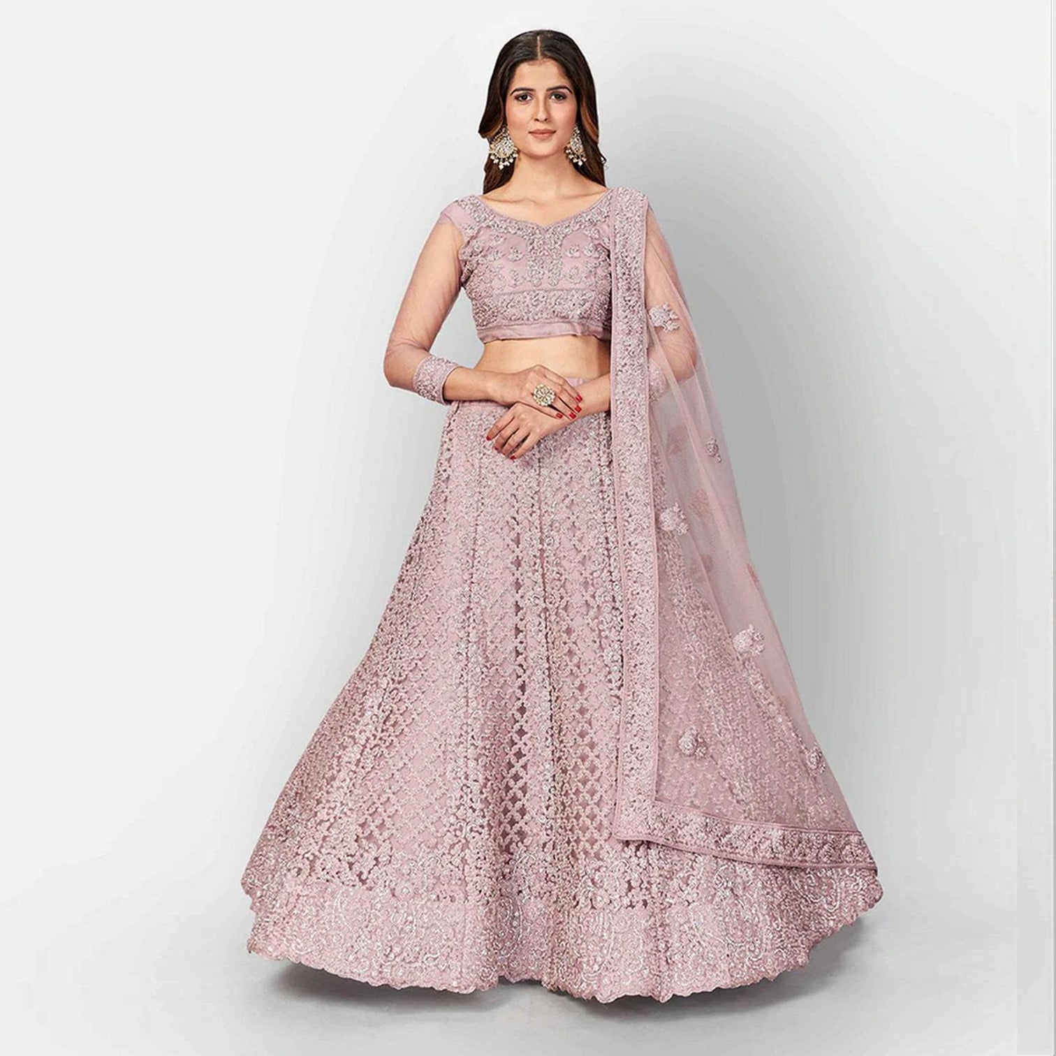 Pastel Purple Lehenga Choli in Soft Net with Thread Sequence and Zari Work
