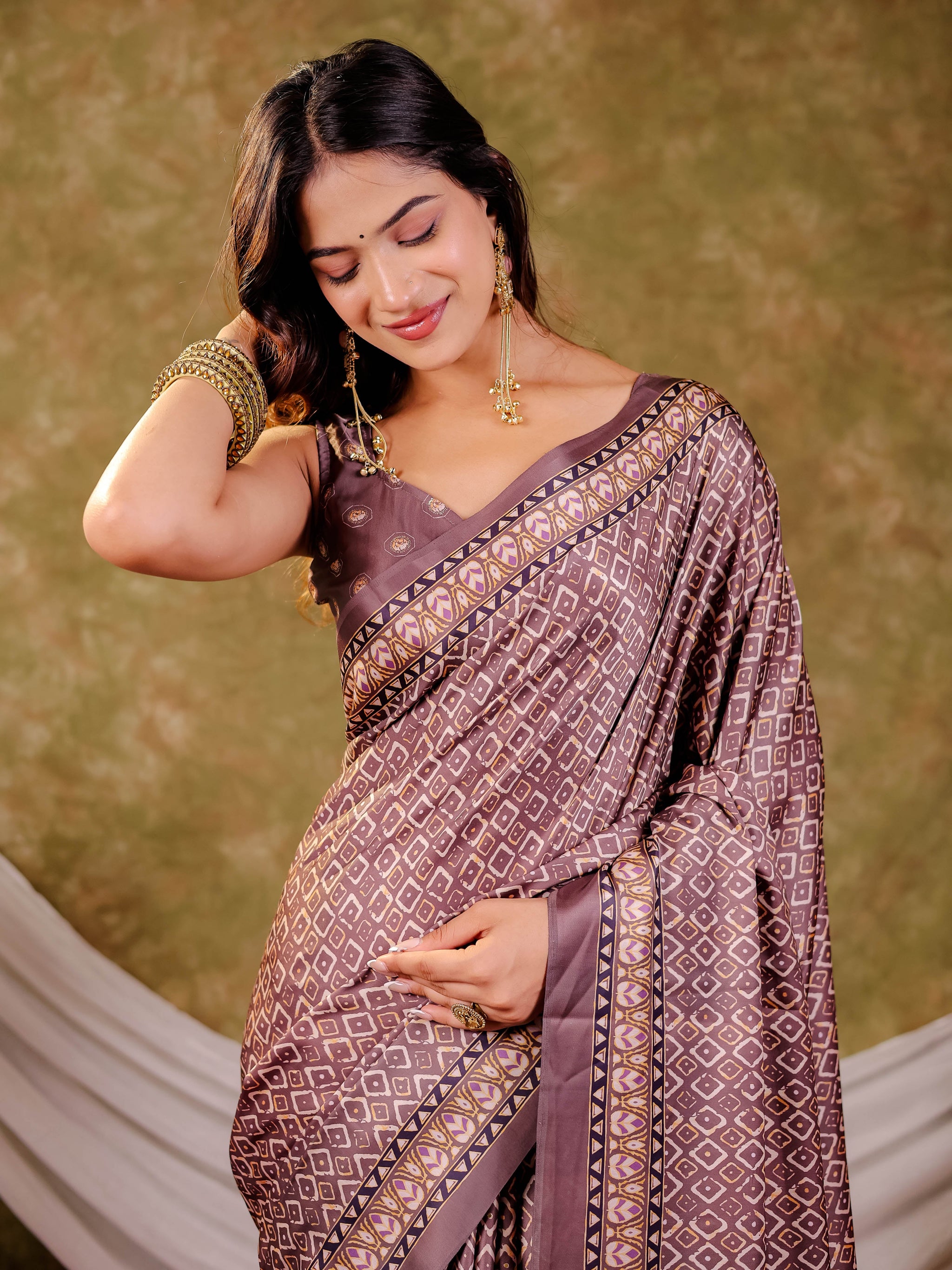 Dusty Mauve Pure Chinnon Ajrakh Printed Saree with Tassel Edges, Traditional Geometric Print & Matching Blouse Piece