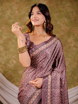 Dusty Mauve Pure Chinnon Ajrakh Printed Saree with Tassel Edges, Traditional Geometric Print & Matching Blouse Piece