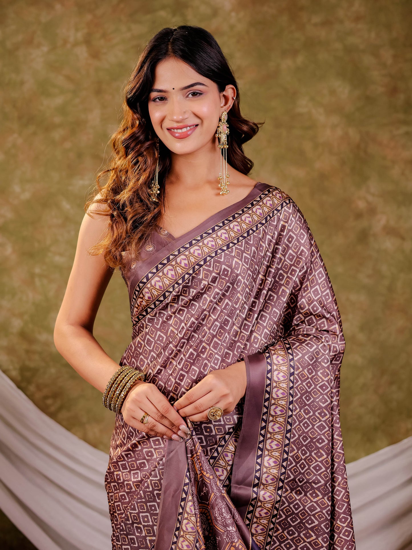 Dusty Mauve Pure Chinnon Ajrakh Printed Saree with Tassel Edges, Traditional Geometric Print & Matching Blouse Piece